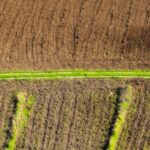 Vista aérea de solo agrícola arado, representando os campos onde microplásticos podem se acumular
